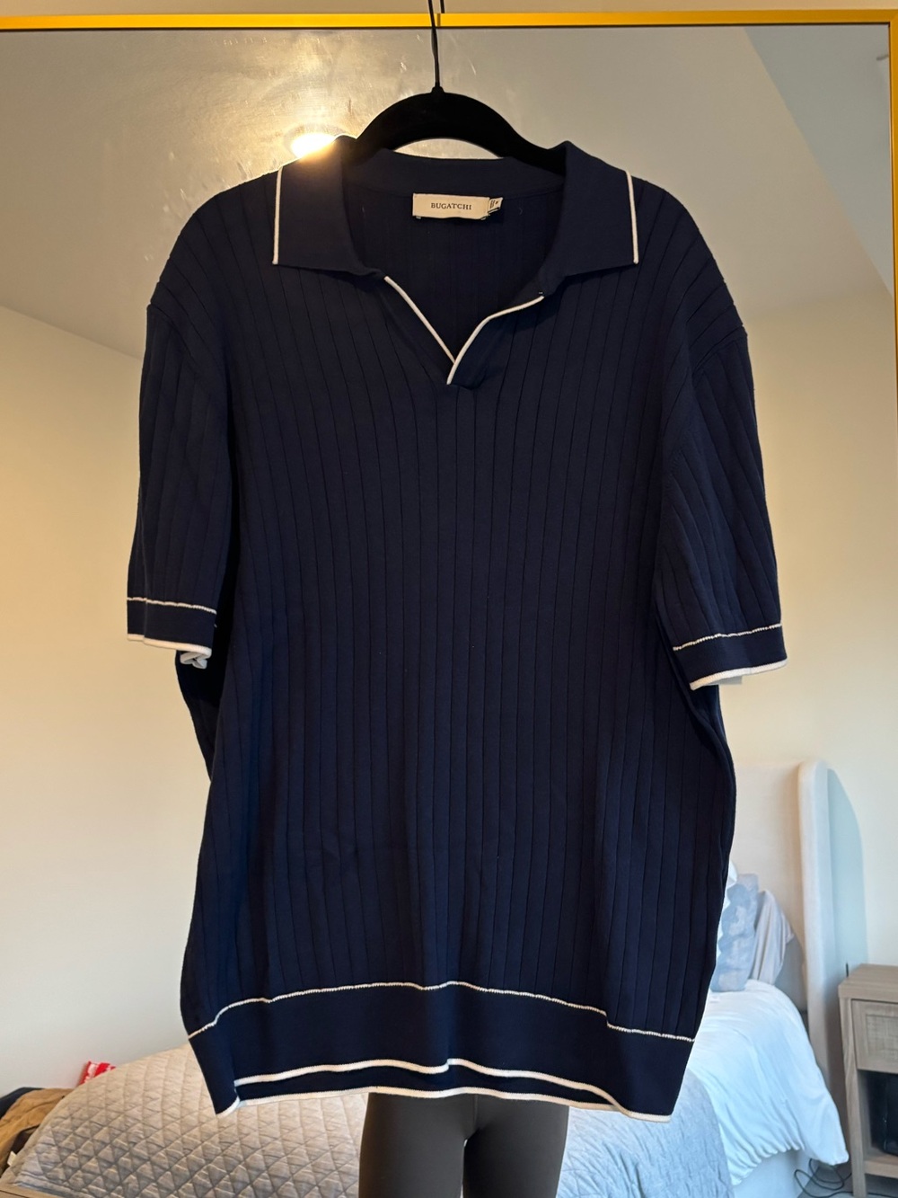 Bugatchi Navy Short-Sleeve V-Neck Ribbed Sweater with White Trim